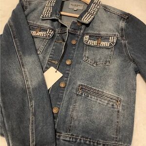 Satin Doll Denim Jacket Pearl Embellished Button Up
